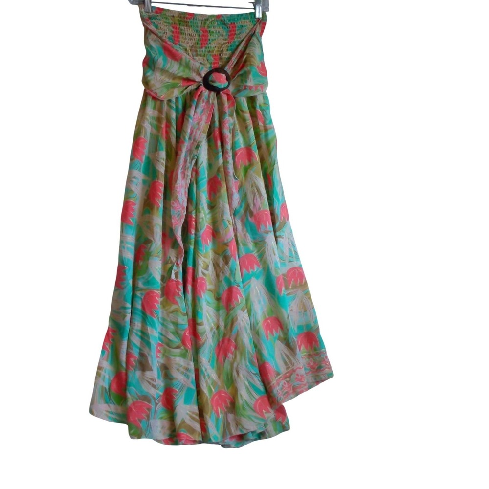 Tropical Floral Smocked Strapless Maxi Dress Teal PinkGoldMetallic O-Ring Boho S